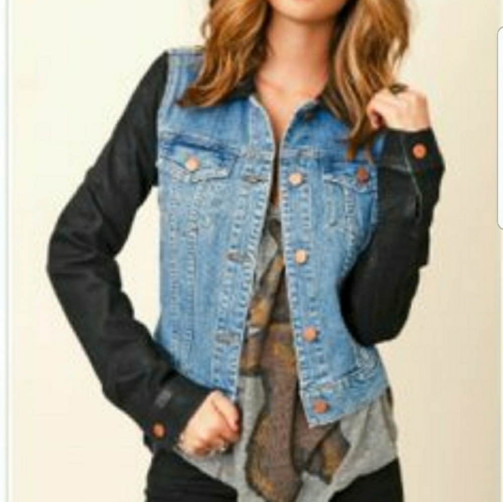 Masion scotch jean jacket with faux leather sleeve